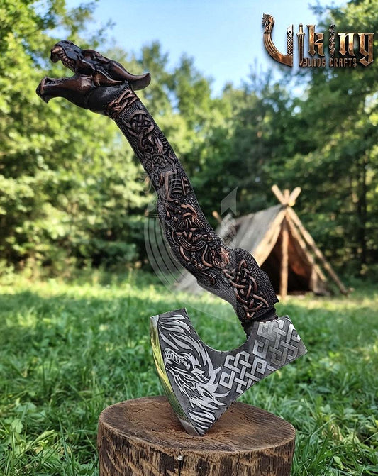 The Wyrmforged 23" Hand-Forged Norse Carved Dragon Rosewood Axe