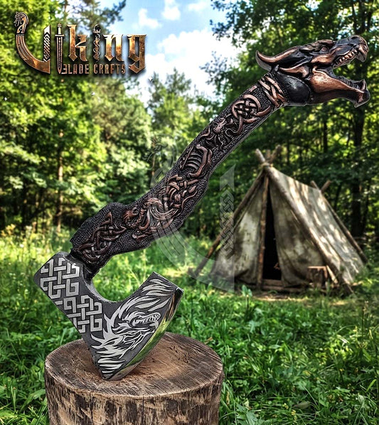 The Wyrmforged 23" Hand-Forged Norse Carved Dragon Rosewood Axe