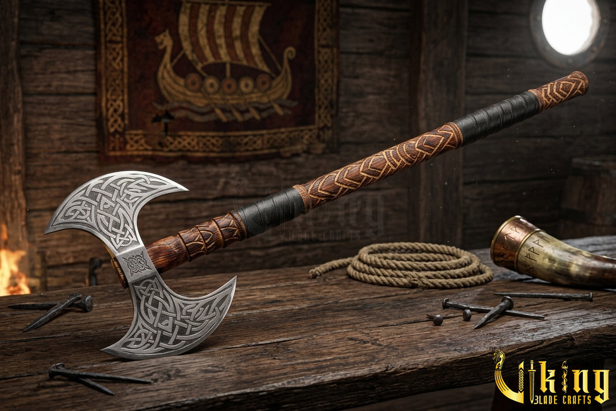 Custom Hand-Carved Forged Double Head Viking Axe & Leather Sheath