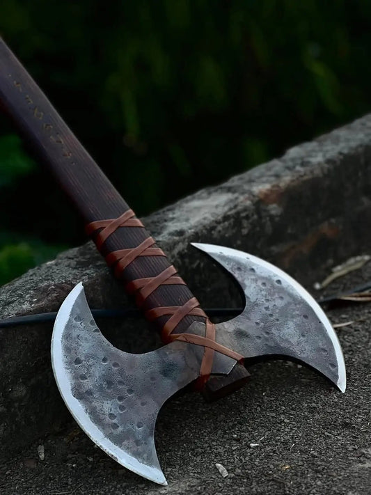Double Head Viking Axe with Leather Wrapped Handle and Sheath