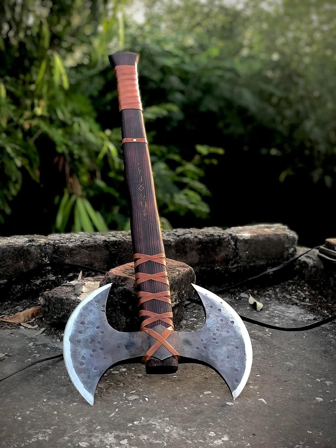 Double Head Viking Axe with Leather Wrapped Handle and Sheath