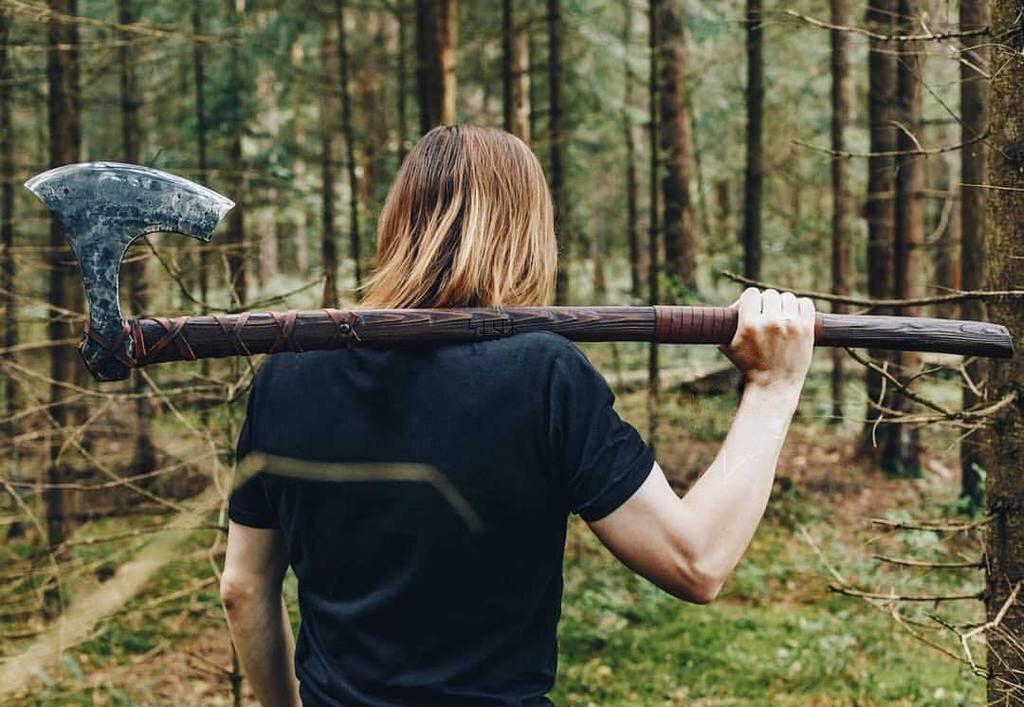 Forged Head Long Viking Axe with Ash Wood Handle and Leather Sheath