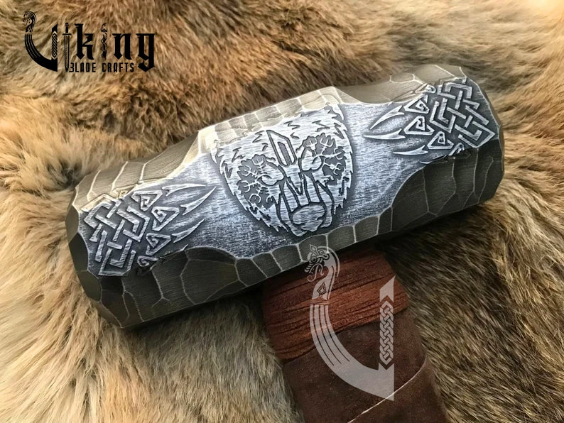 Hand Engraved Bear Viking Hammer – Norse Symbolic Warrior Tool