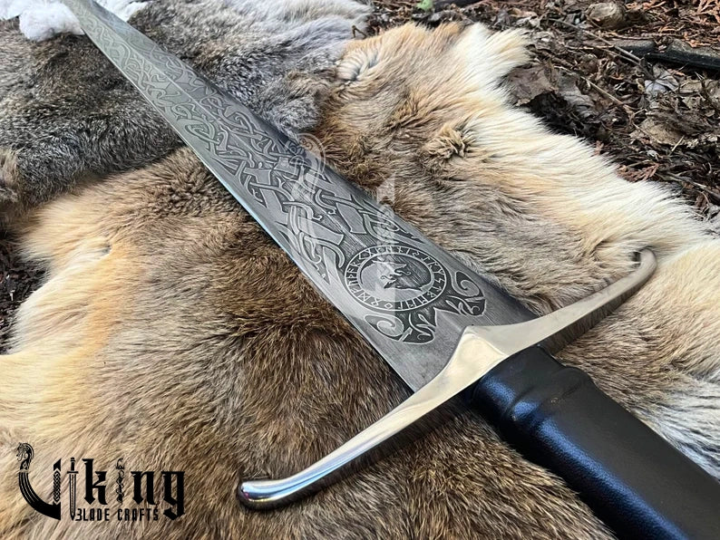 Norse Wolf Sword – Engraved Celtic Knot & Elder Futhark Rune Fantasy Blade