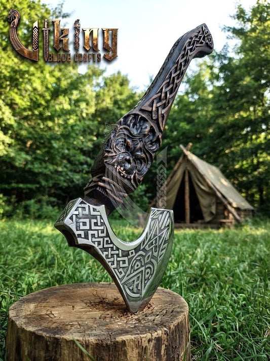 Hand-Forged 23" Norse Carved Owl Rosewood Axe | Owl Etched