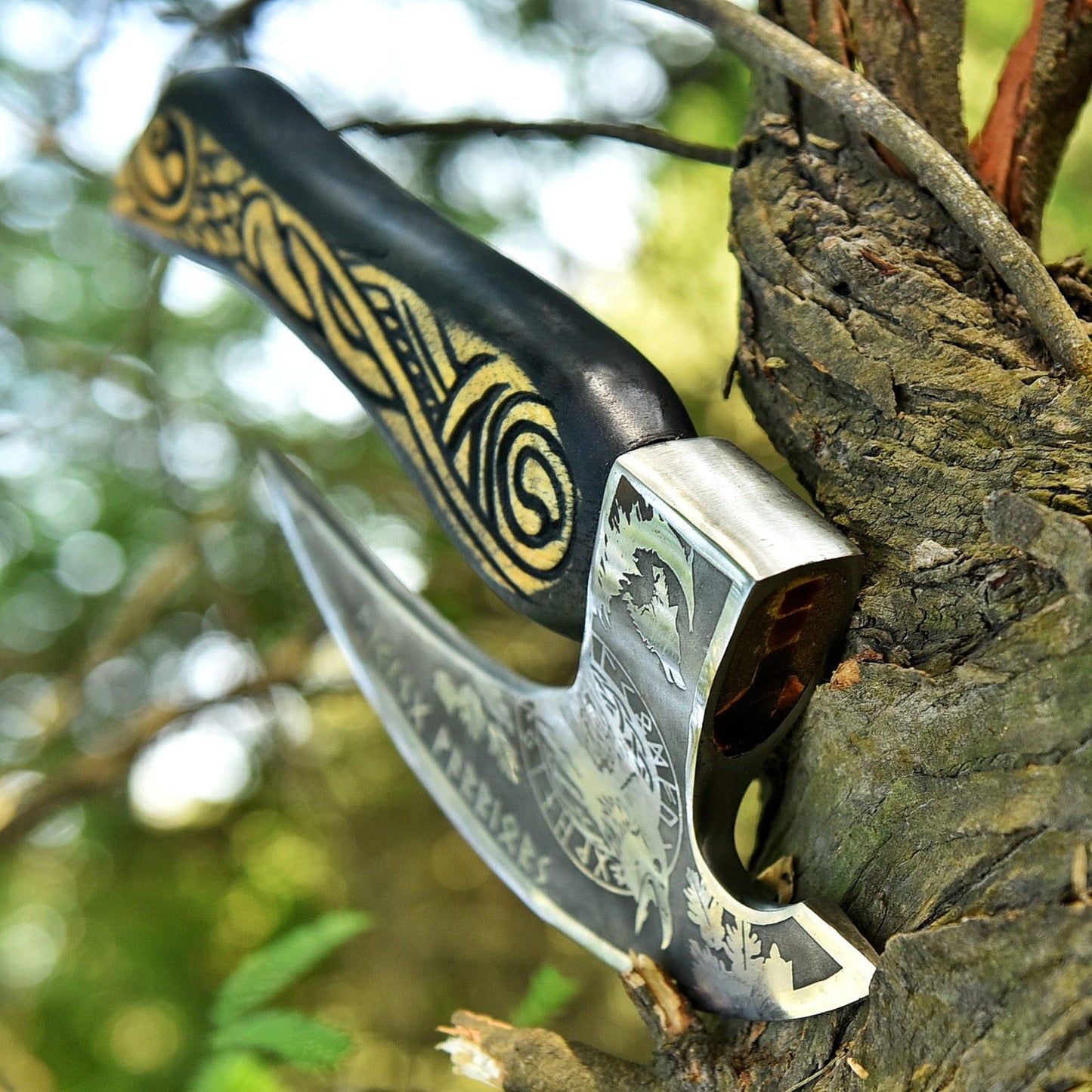 Viking Odin's Raven Pizza Slice Axe Tool with Leather Sheath Cover