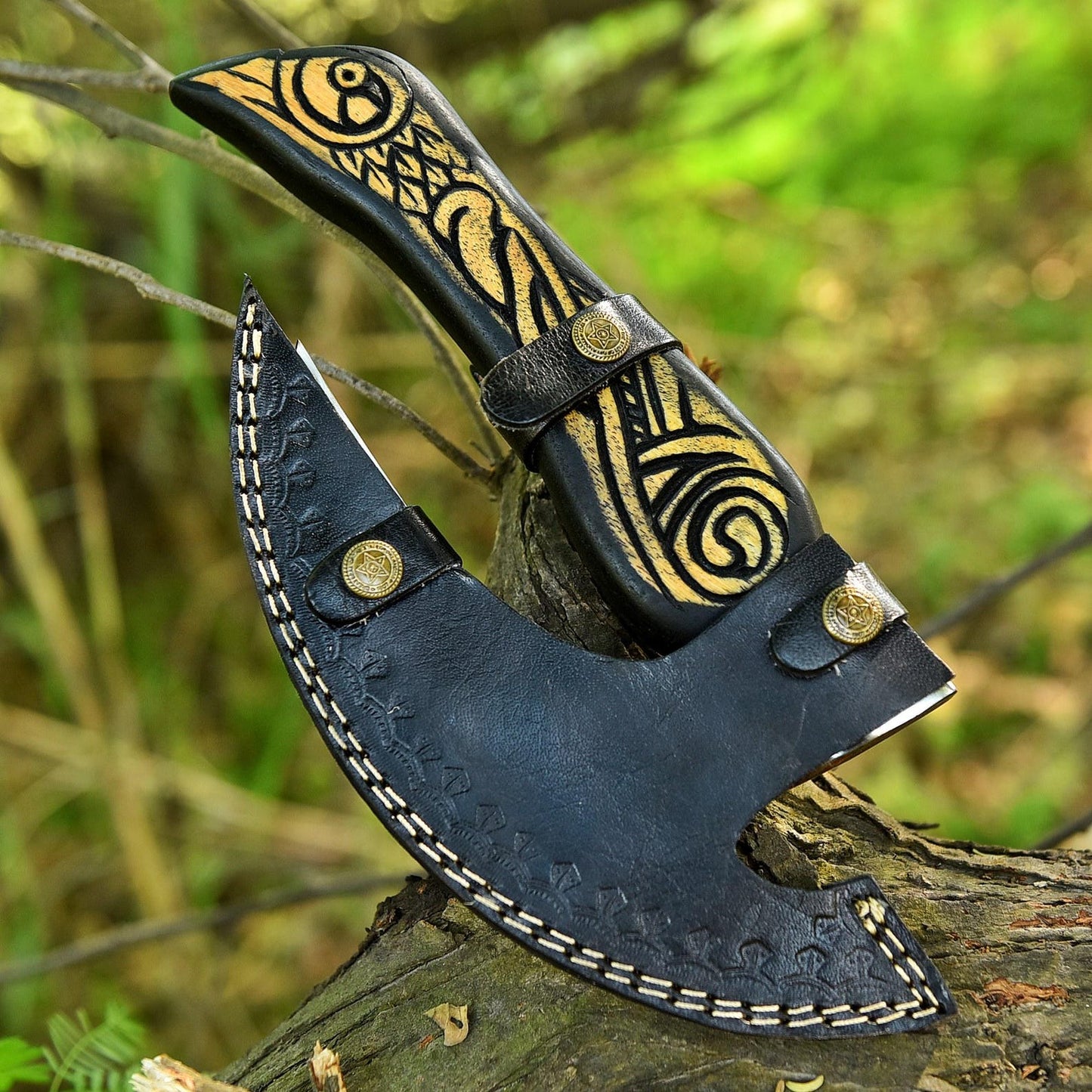 Viking Odin's Raven Pizza Slice Axe Tool with Leather Sheath Cover