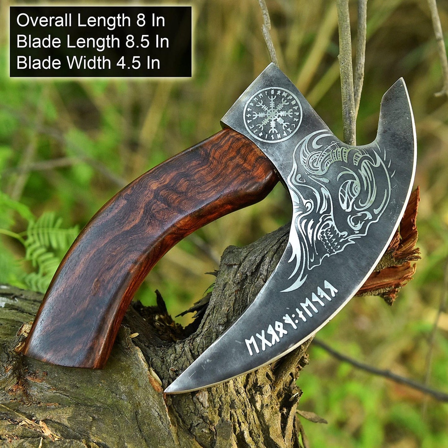 Skull with Helm of Awe & Viking Runes Pizza Axe with Leather Sheath