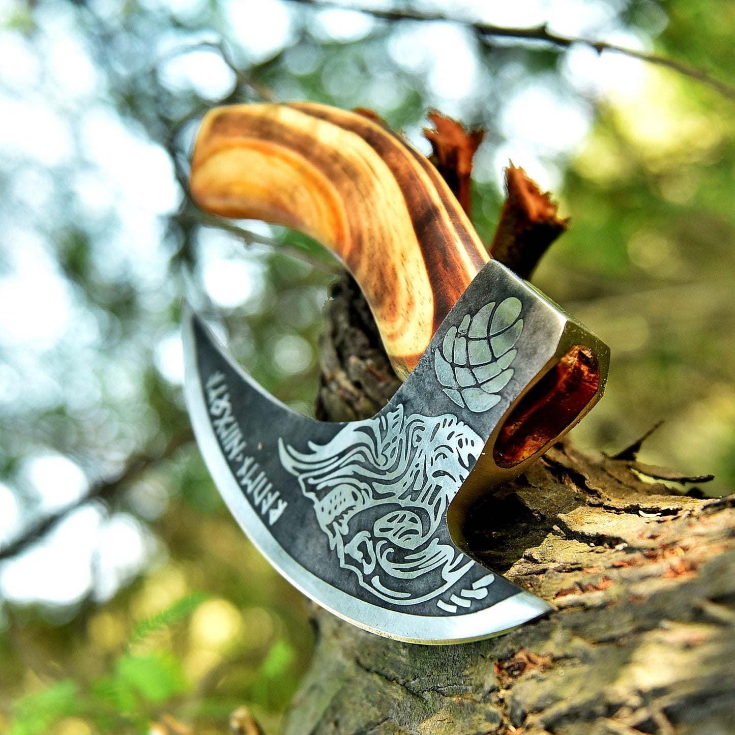 Skull with Viking Runes Pizza Slice Axe with Leather Sheath