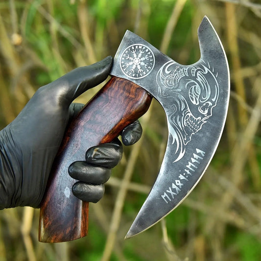 Skull with Helm of Awe & Viking Runes Pizza Axe with Leather Sheath Viking_Blade_Crafts