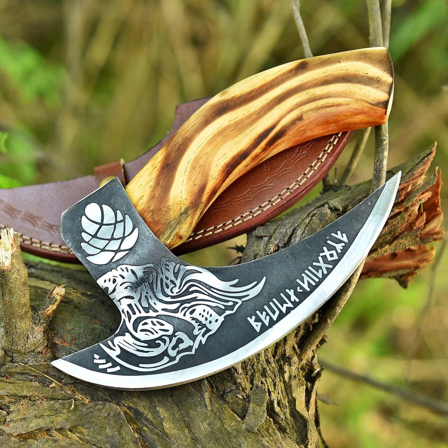 Skull with Viking Runes Pizza Slice Axe with Leather Sheath