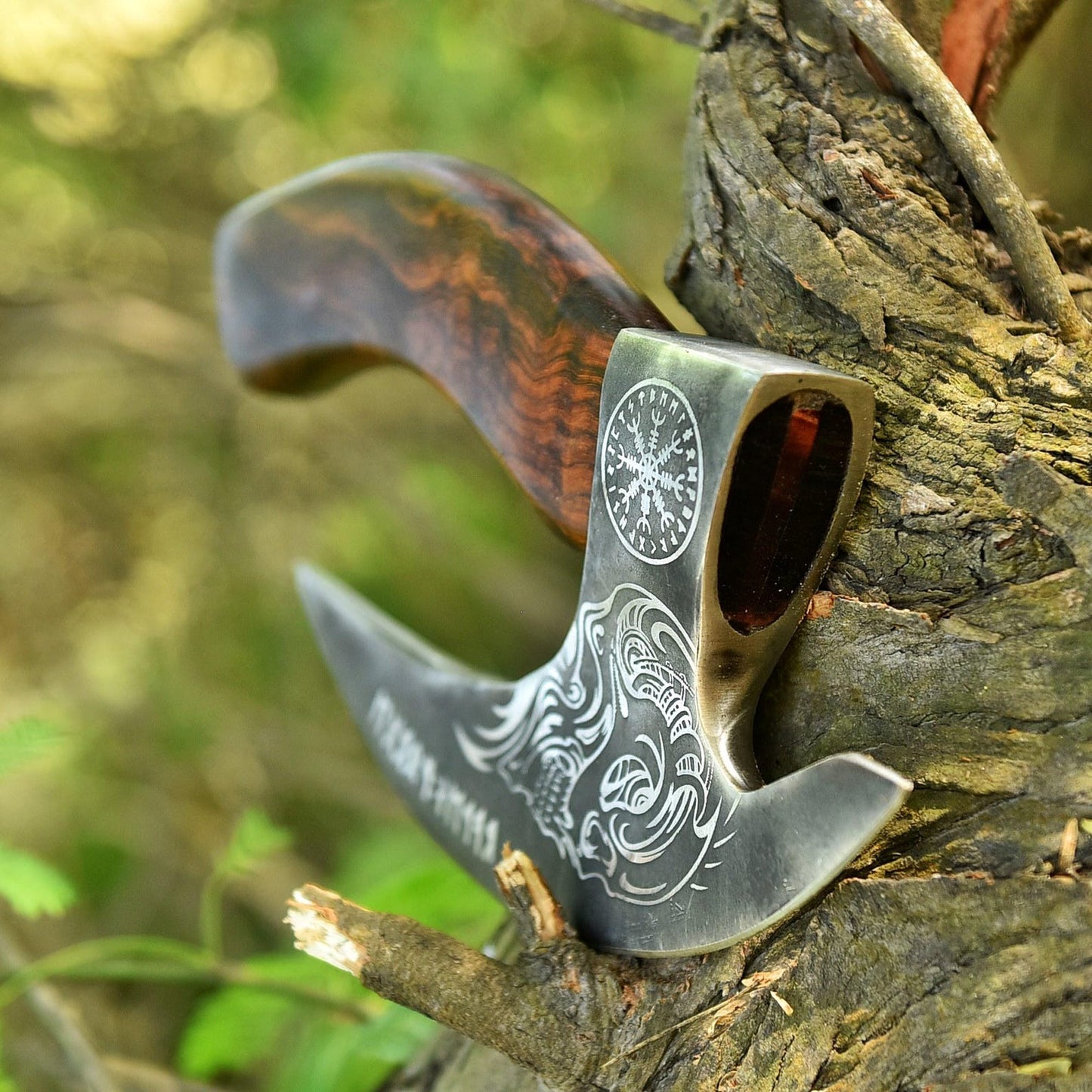 Skull with Helm of Awe & Viking Runes Pizza Axe with Leather Sheath