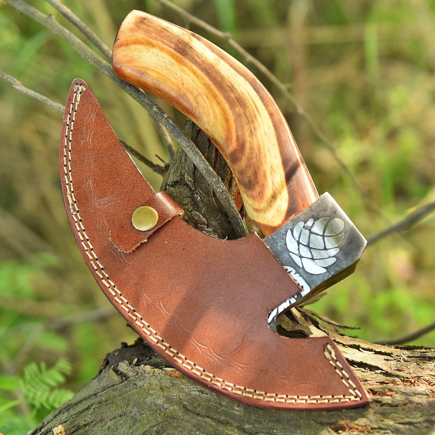 Skull with Viking Runes Pizza Slice Axe with Leather Sheath