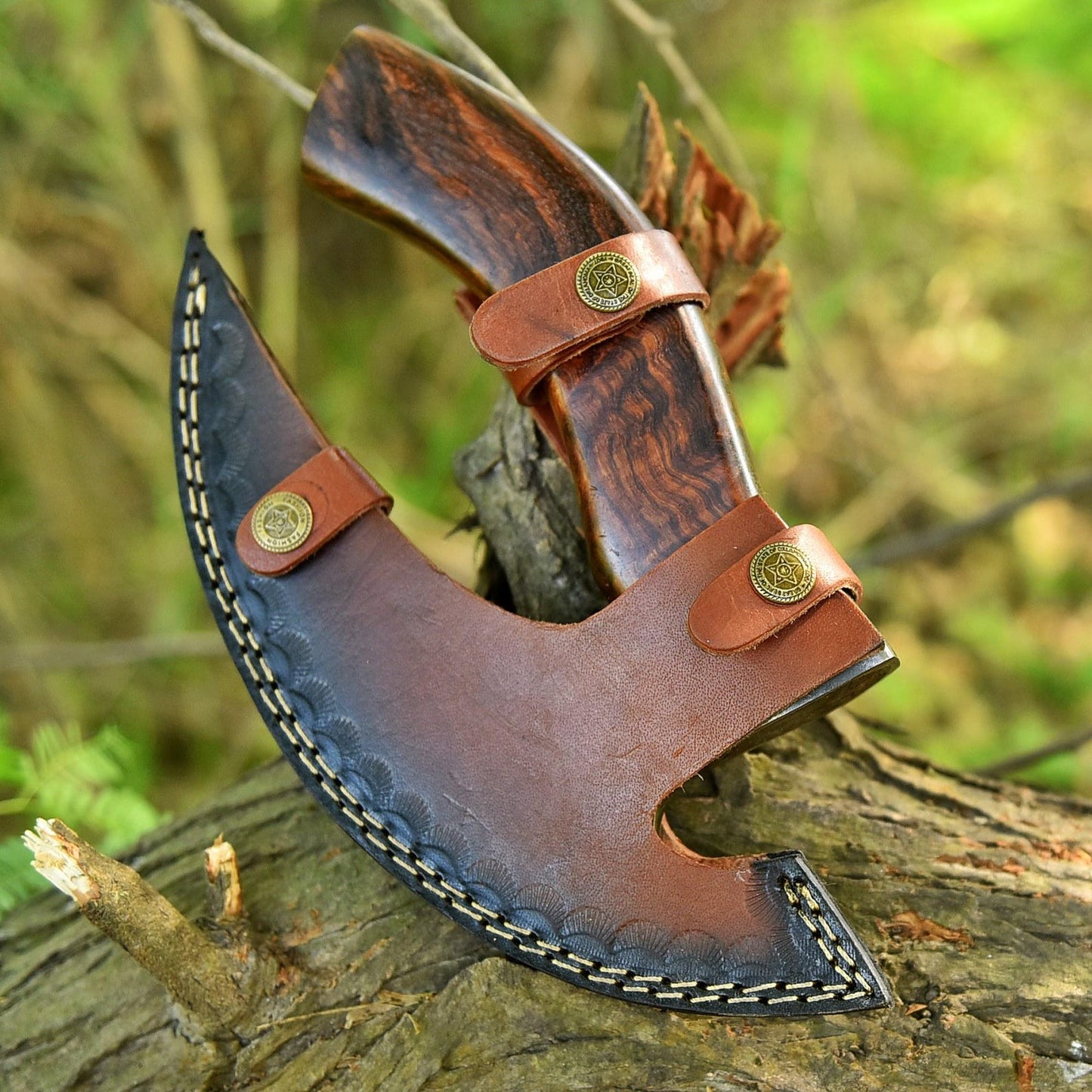 Skull with Helm of Awe & Viking Runes Pizza Axe with Leather Sheath