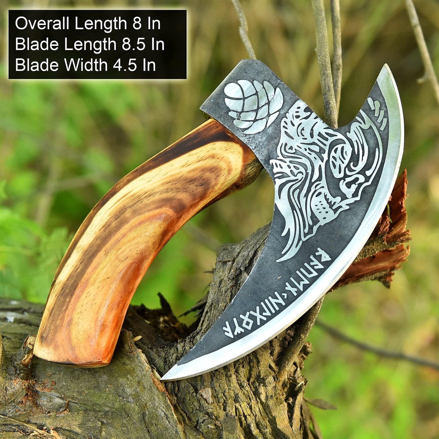 Skull with Viking Runes Pizza Slice Axe with Leather Sheath