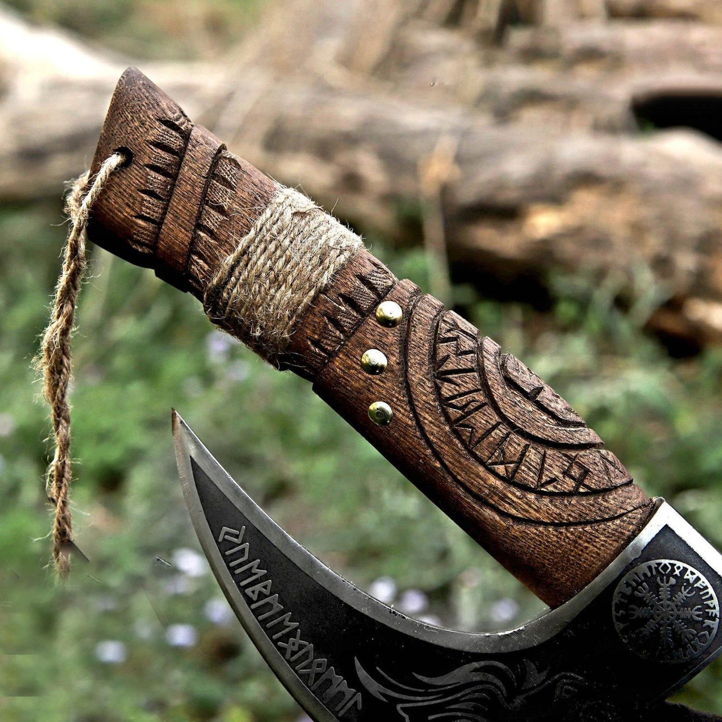 Skull with Helm of Awe & Runes Viking Pizza Axe with Thor Carved Handle
