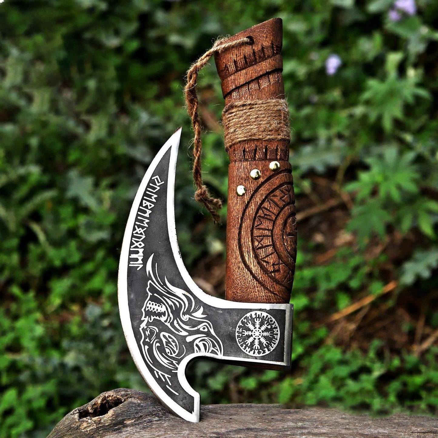Skull with Helm of Awe & Runes Viking Pizza Axe with Thor Carved Handle