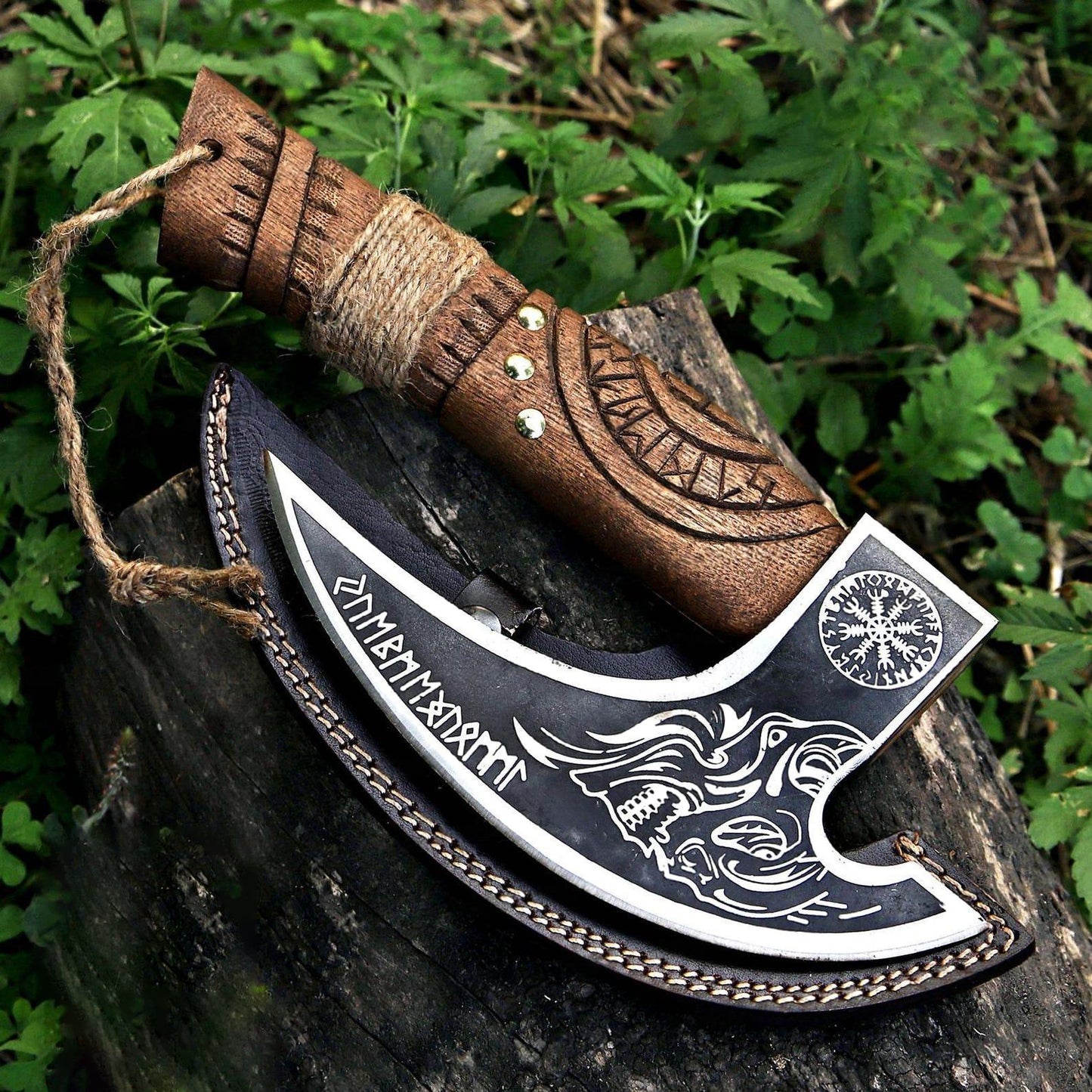 Skull with Helm of Awe & Runes Viking Pizza Axe with Thor Carved Handle