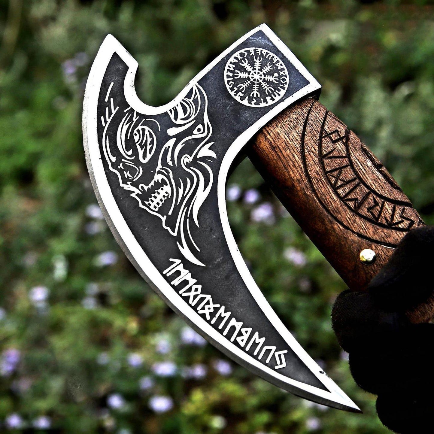 Skull with Helm of Awe & Runes Viking Pizza Axe with Thor Carved Handle