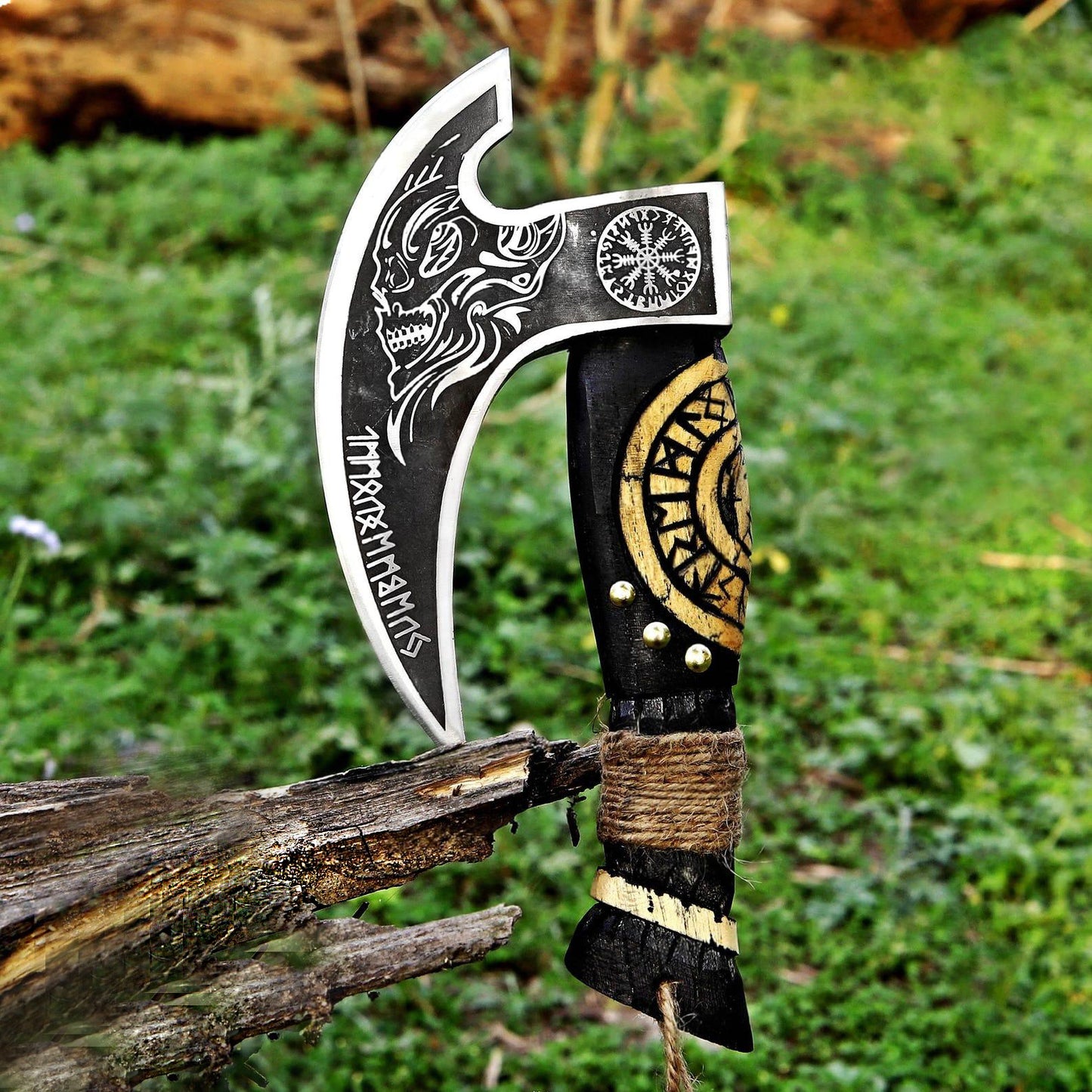 Thor with Viking Runes Carved Handle Pizza Axe with Leather Sheath