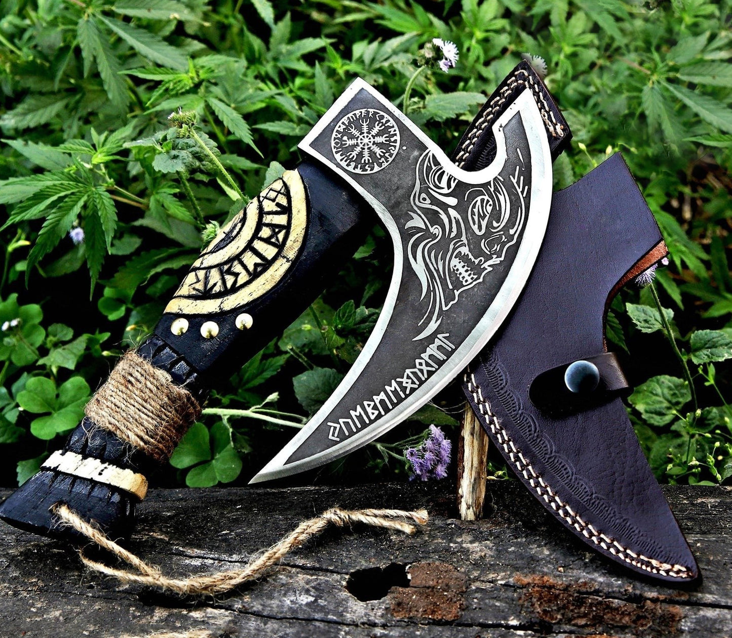 Thor with Viking Runes Carved Handle Pizza Axe with Leather Sheath