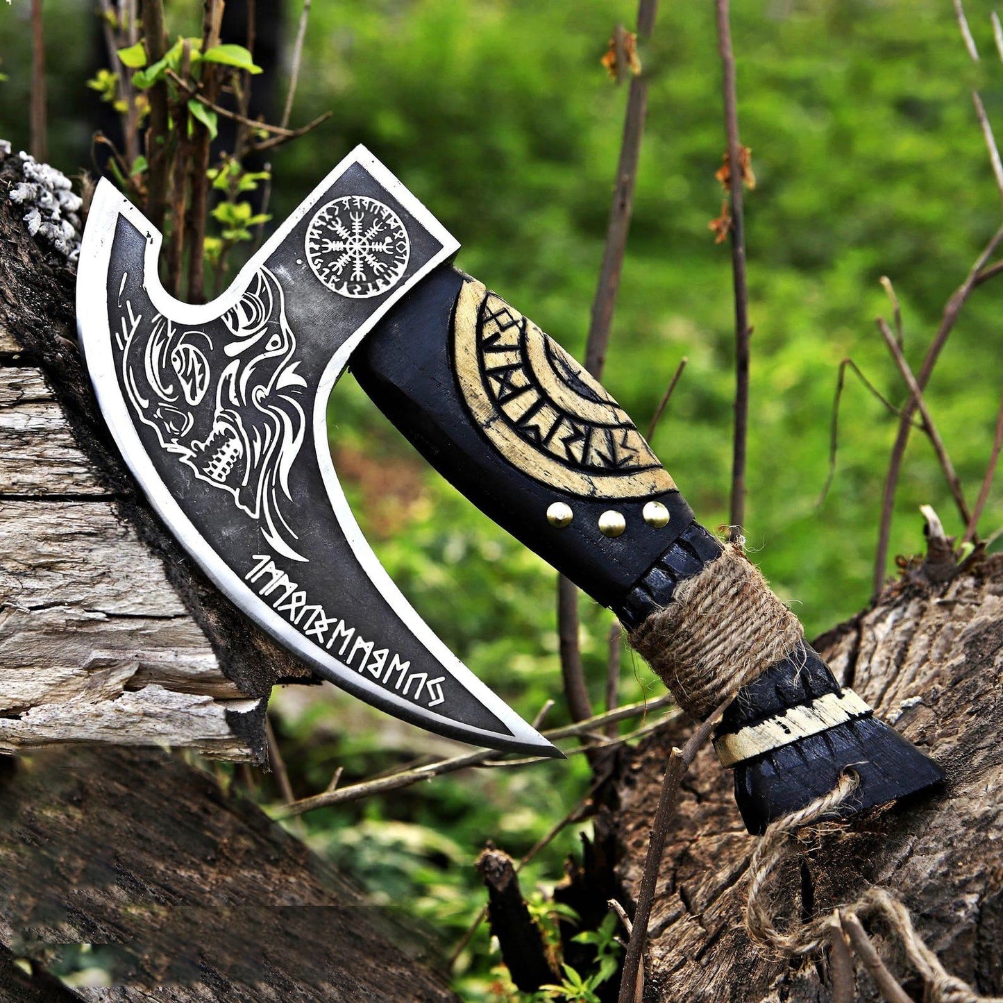 Thor with Viking Runes Carved Handle Pizza Axe with Leather Sheath