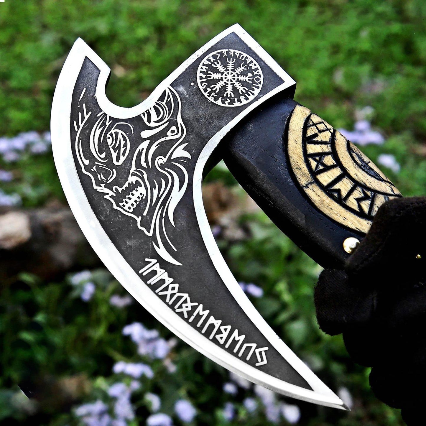 Thor with Viking Runes Carved Handle Pizza Axe with Leather Sheath