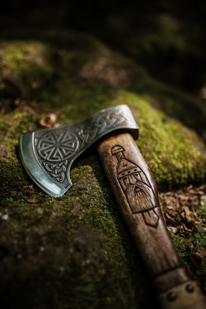 Slavic Sun With Odin's Carved Handle Viking With Leather Cover