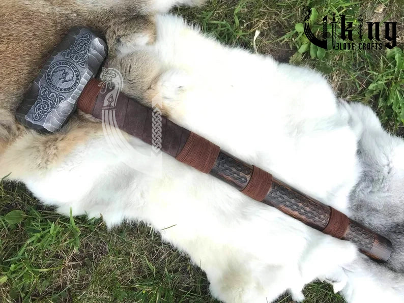 Viking Wolf Hammer – 35" Metal Engraved Long Handle War Tool Replica