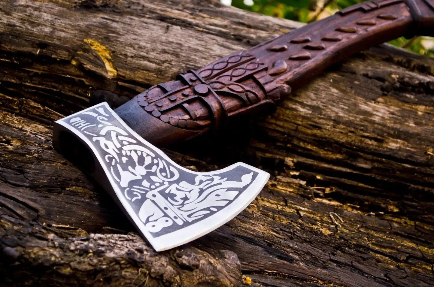 Handmade Odin Viking Axe – Carved Handle with Premium Leather Cover Viking_Blade_Crafts