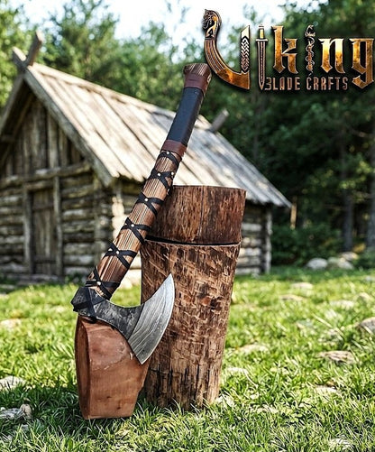 Ragnar-Inspired Damascus Viking Axe | Curved Ashwood Leather-Wrapped