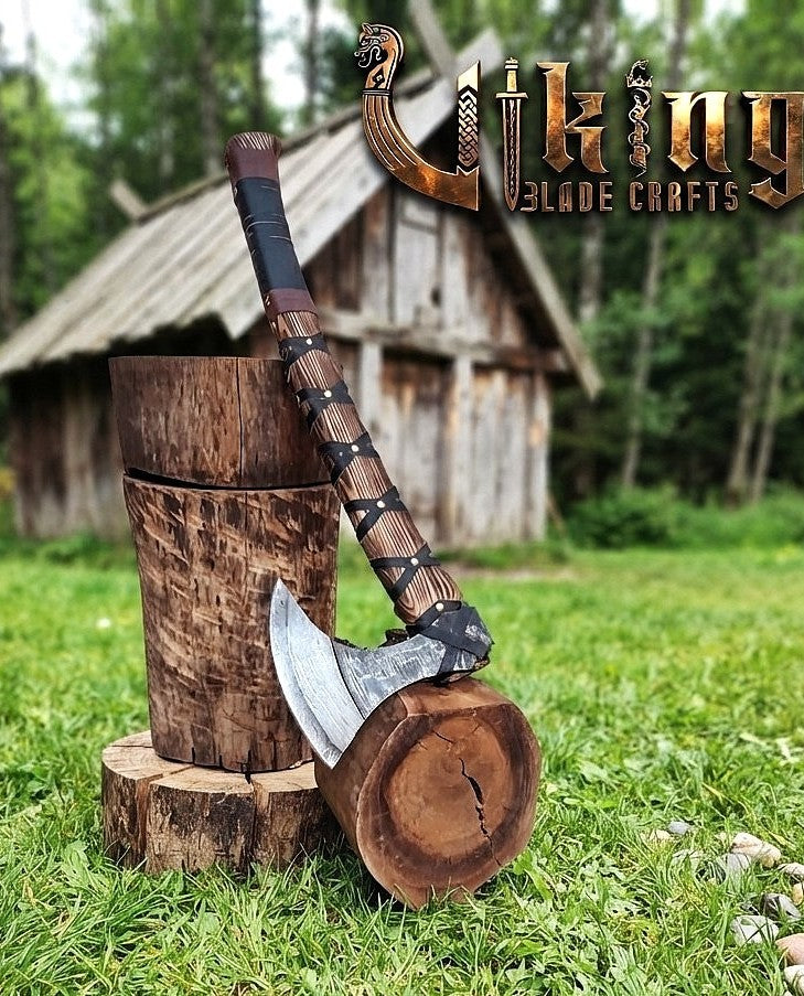 Ragnar-Inspired Damascus Viking Axe | Curved Ashwood Leather-Wrapped