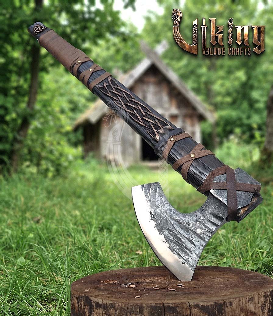 Ragnar-Inspired Viking Axe | Hand-Forged Knotwork Carved Ashwood