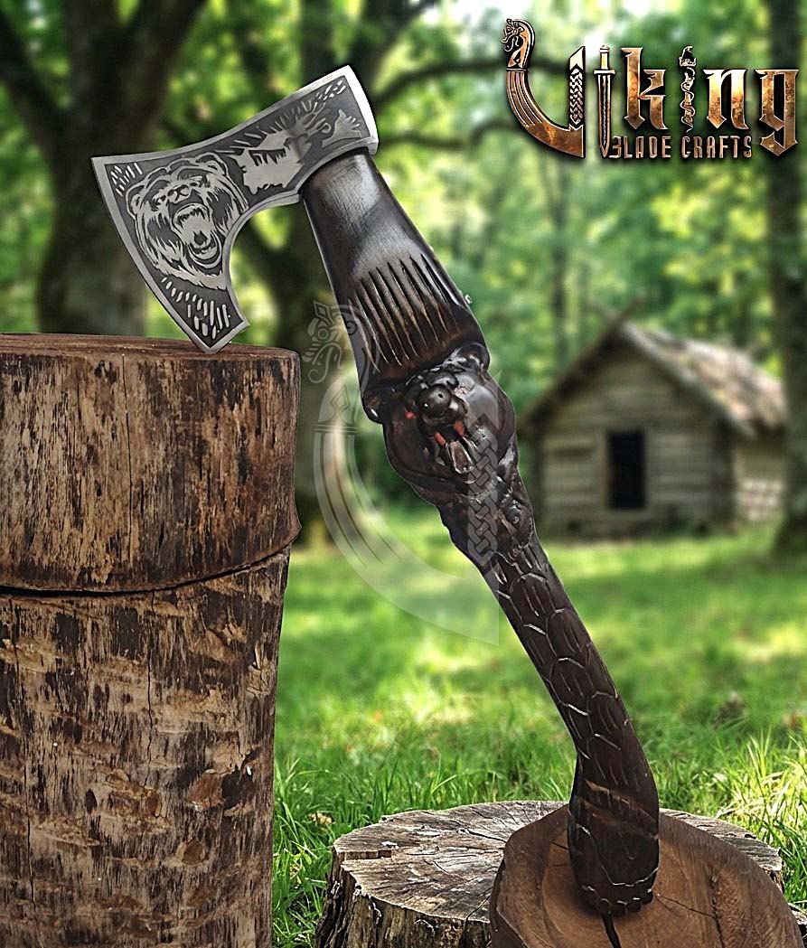 Bjorn Bear Viking Axe | Hand Carved Handle | Forged Steel