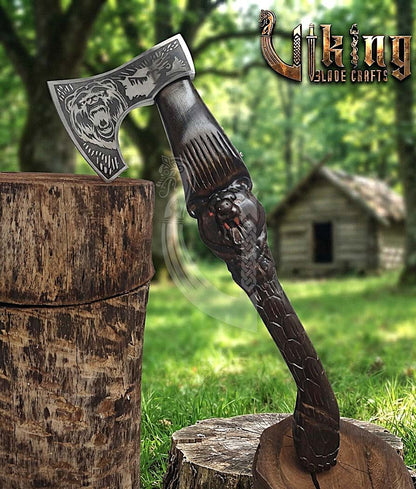 Bjorn Bear Viking Axe | Hand Carved Handle | Forged Steel