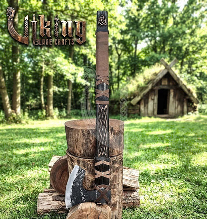 Ragnar-Inspired Viking Axe | Hand-Forged Knotwork Carved Ashwood