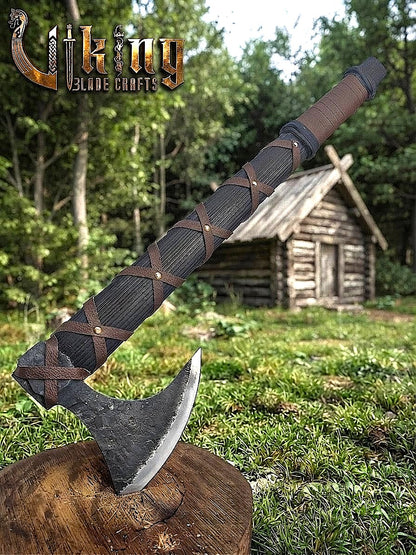 Ragnar-Inspired Viking Axe | Leather-Wrapped Bearded Axe