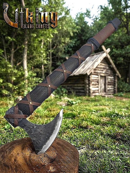 Ragnar-Inspired Viking Axe | Leather-Wrapped Bearded Axe