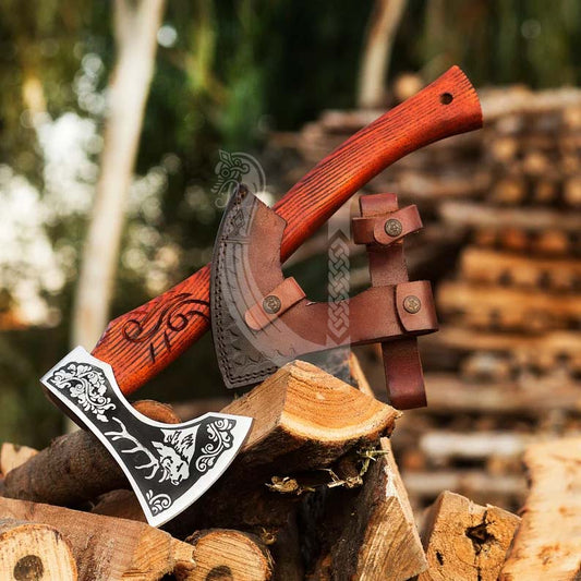 Handmade Deer Viking Axe –  Battle Axe with Ash Wood Handle & Leather Cover