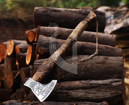 Hand Carved Handle Viking Axe – High Carbon Steel Battle Axe with Sheath