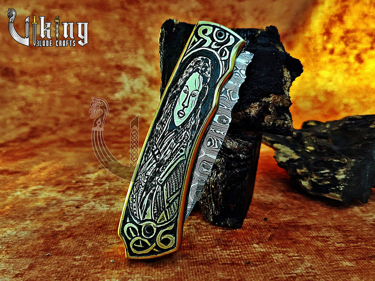 Hand-forged Damascus steel Pocket Folding knife with Queen Lagertha carving handle