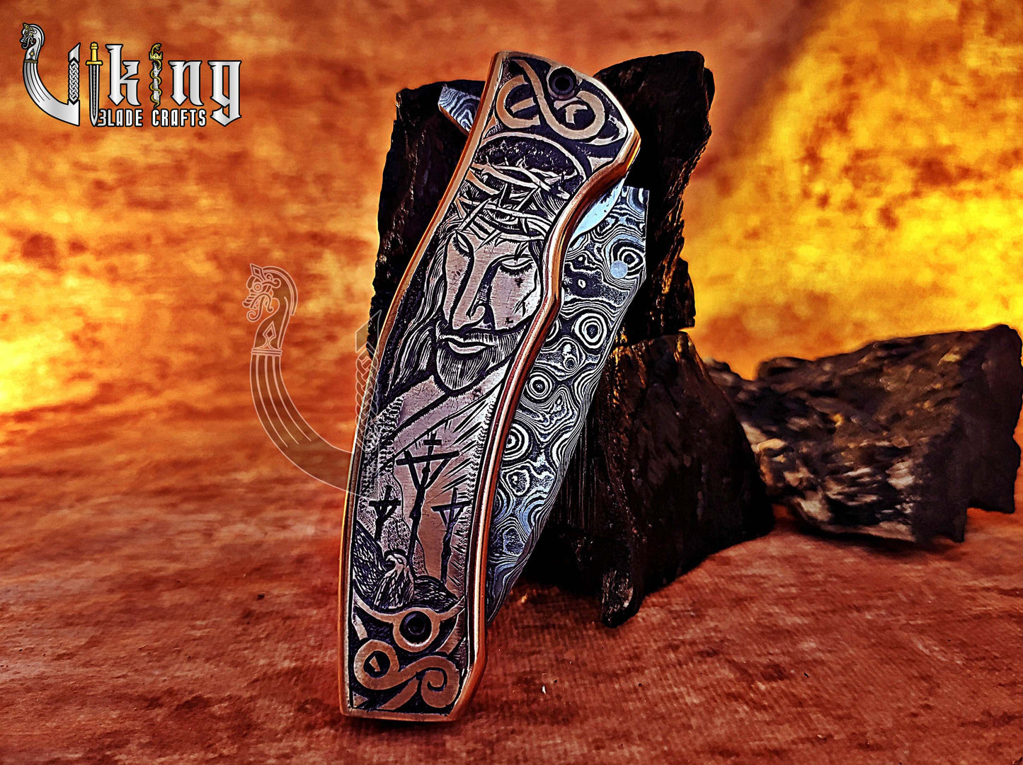 Handmade Damascus Folding Knife with Jesus Crucifixion Handle Carving