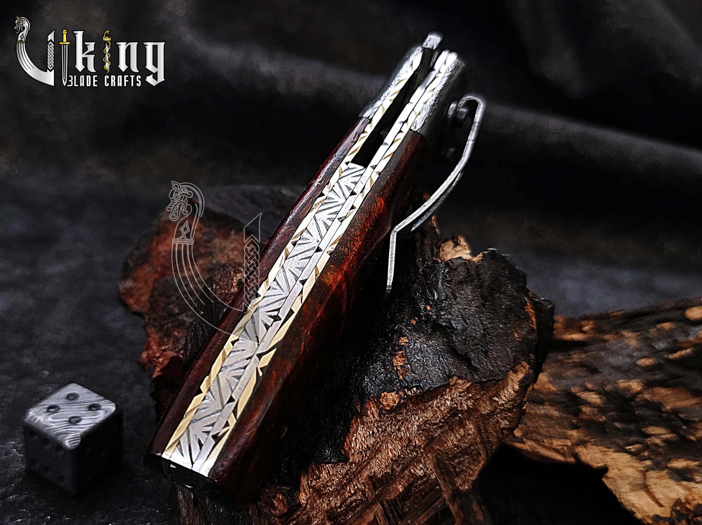 Damascus Steel Folding Pocket Knife With Sheath Rose Wood Handle