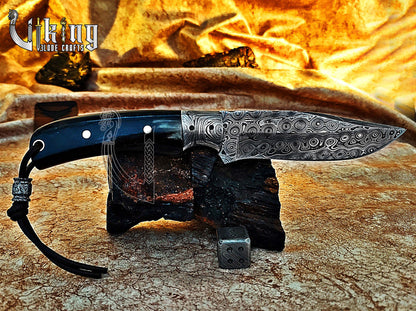 Handmade Damascus Fixed Blade Hunting Knife Ebony Wood Handle With Sheath