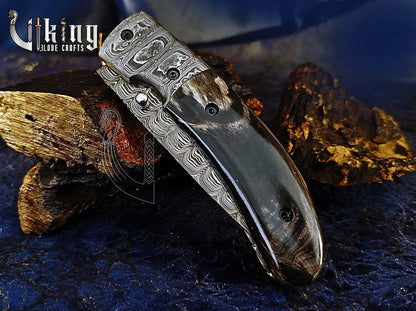 Damascus Folding Knife with Buffalo Horn Handle & Damascus Steel Clip