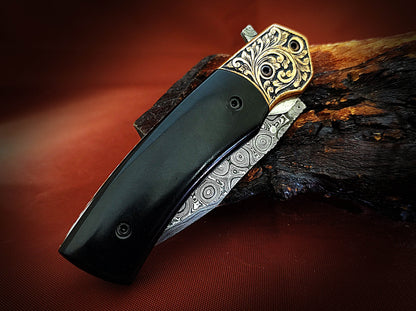 Damascus Pocket Knife with buffalo Horn Handle – Ancient Hand-Carved Theme - Viking Blade Crafts