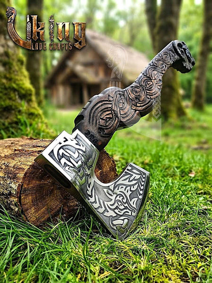 Hand Carved Viking Goat Axe | Geit Handle | Forged Steel
