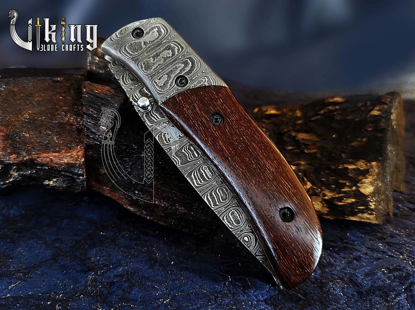 Handmade Damascus Steel Folding Knife with Rosewood Handle & Sheath