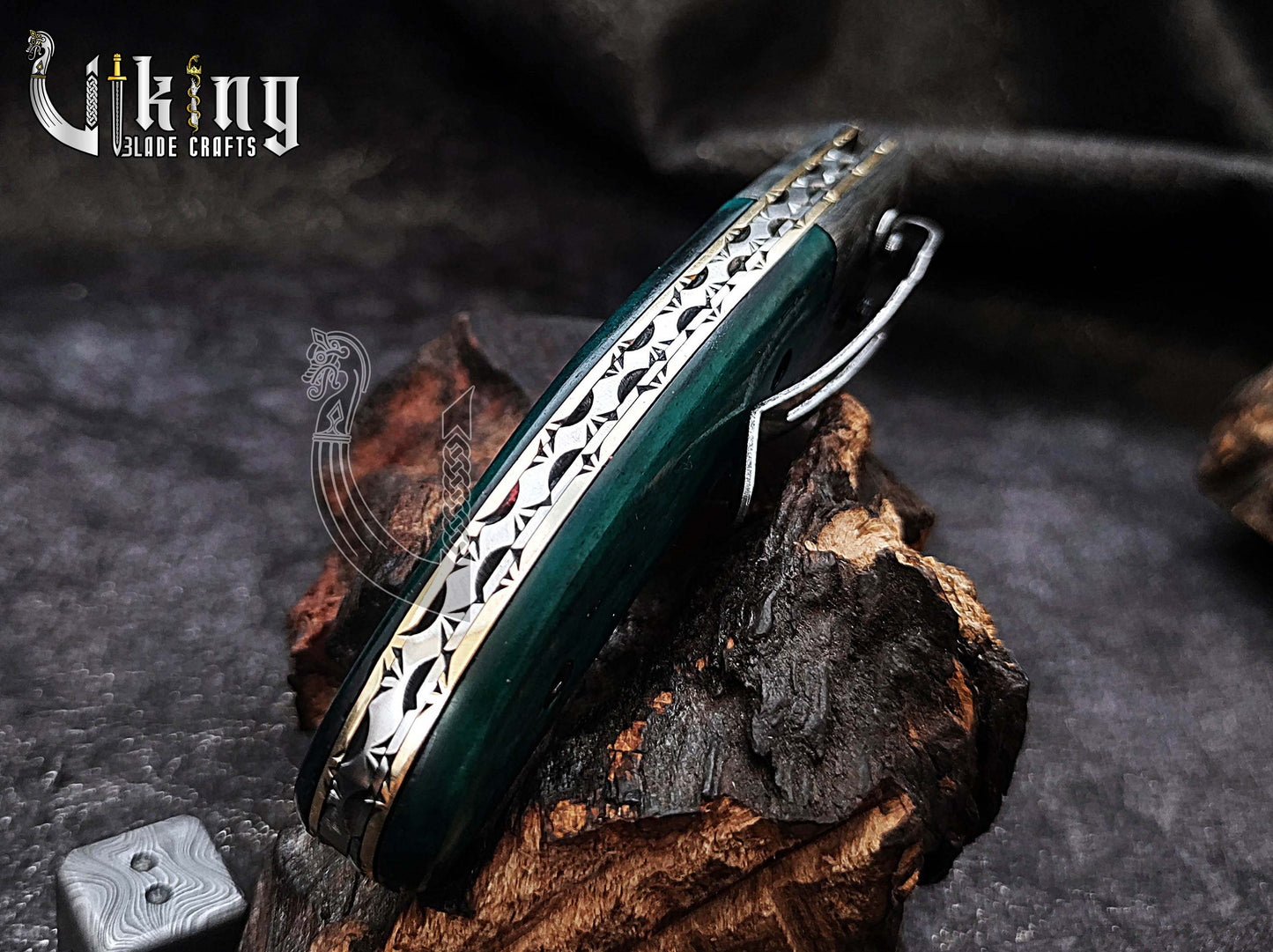 Handmade Damascus Folding Knife with Stained Bone Handle & Clip