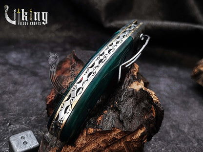 Handmade Damascus Folding Knife with Stained Bone Handle & Clip